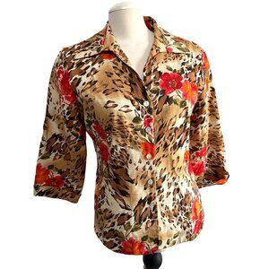 Vintage Silk Land Beaded Floral Button Down Sil Shirt Sz L Cheetah Print & Flora
